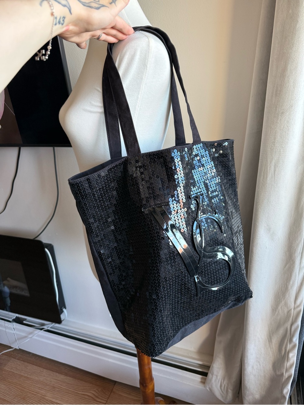 Victoria's Secret Black Sequin Tote with Shiny VS Accent